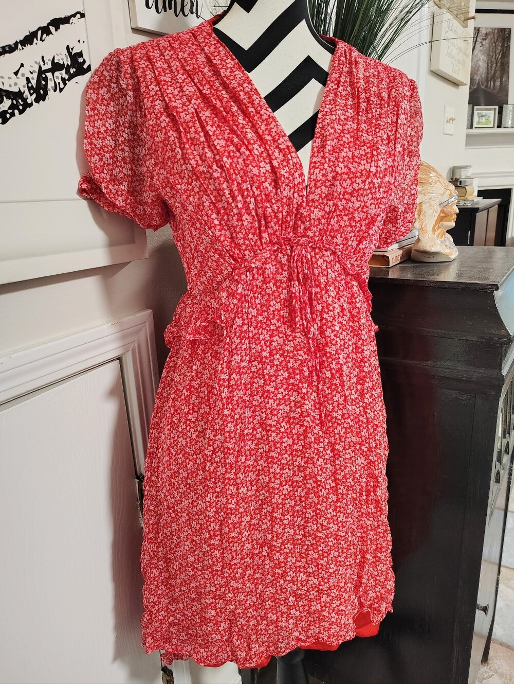 The Kooples Red Ditsy Floral Mini Dress Women's Large Coquette Scandigirl Preppy - Picture 6 of 12